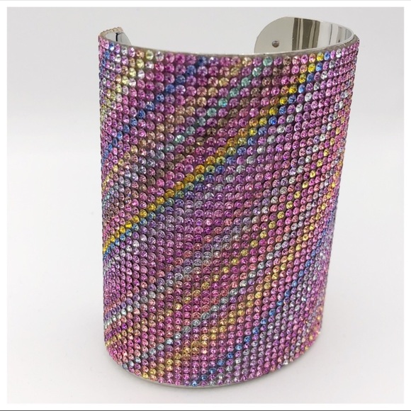 boutique Jewelry - Pink Rhinestone Rainbow Wide Bracelet Cuff 4 inch